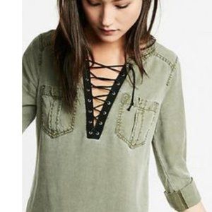 Express Army Green Shirt with Black tie front